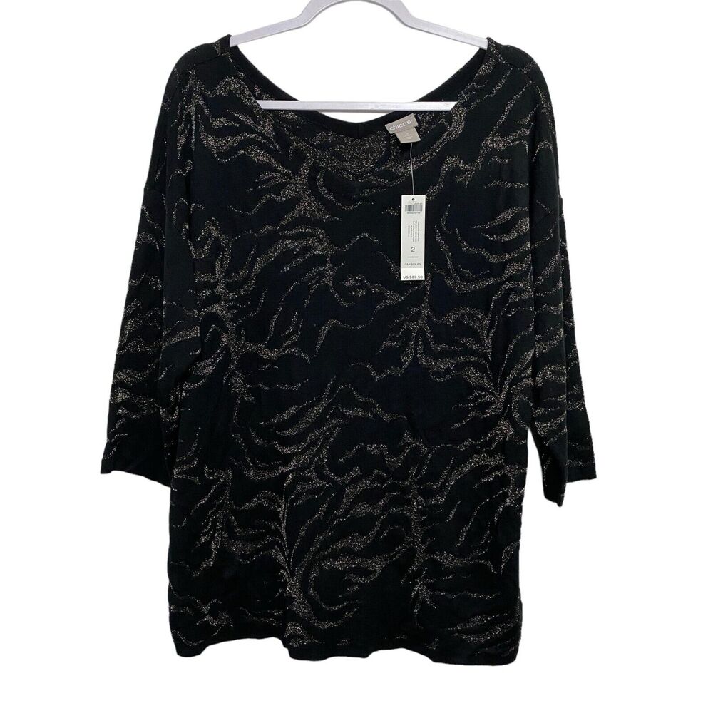 Chico's Womens Double V-neck Pullover Black Gold ¾ Sleeve Sweater Size 2 NWT